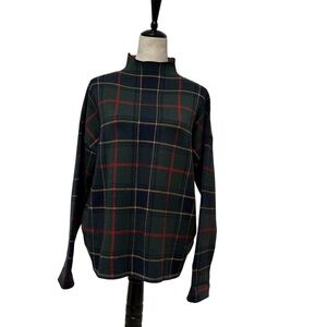 Tahari Plaid Mock Neck Sweater - Forest Green & Red - Size XL